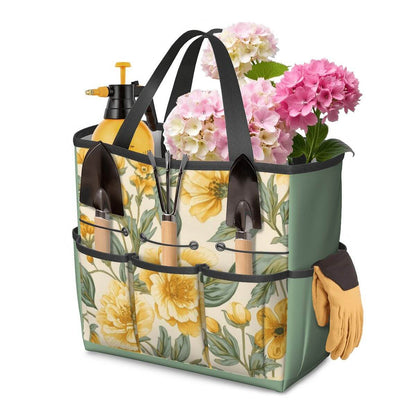 Blumenmuster Gartengerätetasche aus Oxford-Stoff, 11,8x5,5x11,4 Zoll, mit Werkzeug und Blumentopfen bestückt.
