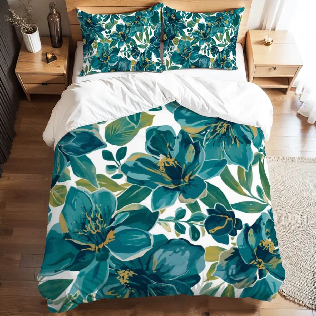 Komplettes Bettwäscheset in grünem Blumendesign, Bettbezug 80"x90", Kissenbezüge 30"x20", hochwertiger Polyesterstoff, Sublimationsdruck