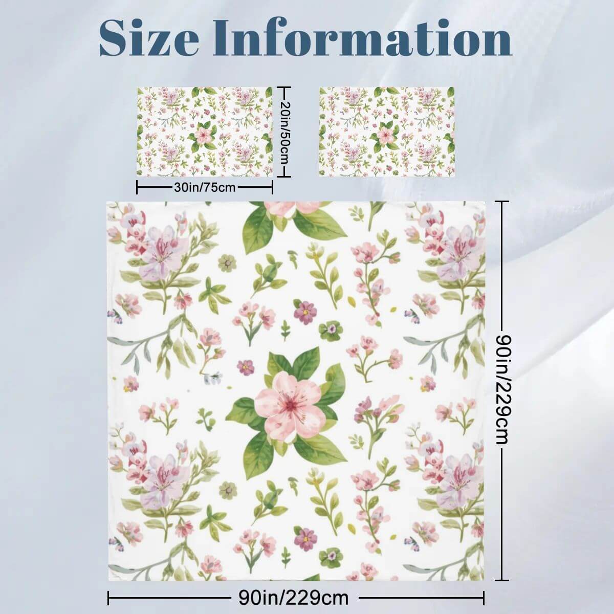 Queen-Bettwäsche-Set floral design, size information with 90x90 inch duvet cover and 30x20 inch pillowcases shown.