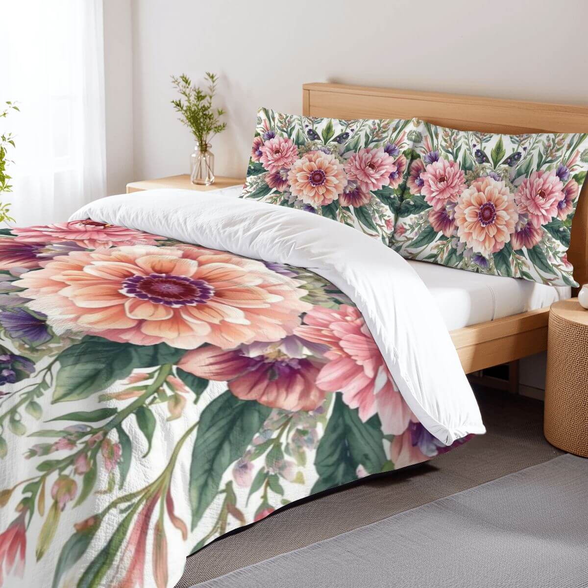 Full Duvet Cover Set with floral design, 90GSM polyester, sublimation printed, includes duvet cover 80x90 and two pillowcases 30x20.