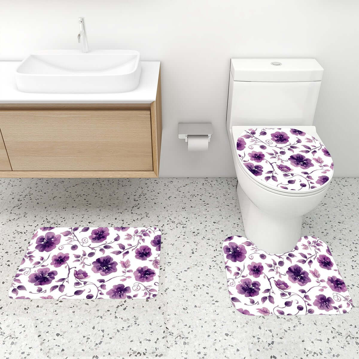 4-teiliges Video Badezimmerteppich-Set mit lila Blumenmuster und Polyester-Duschvorhang, inklusive WC-Sitzabdeckung.
