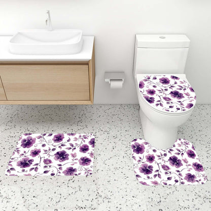 4-teiliges Video Badezimmerteppich-Set mit lila Blumenmuster und Polyester-Duschvorhang, inklusive WC-Sitzabdeckung.