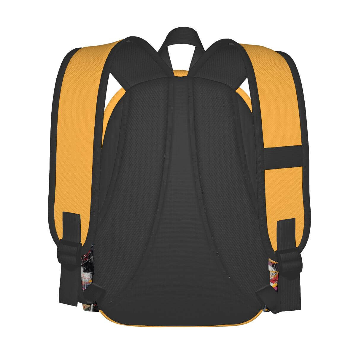 Rückansicht des Geräumigen Oxford-Rucksacks mit Seitentaschen in Schwarz und Gelb.