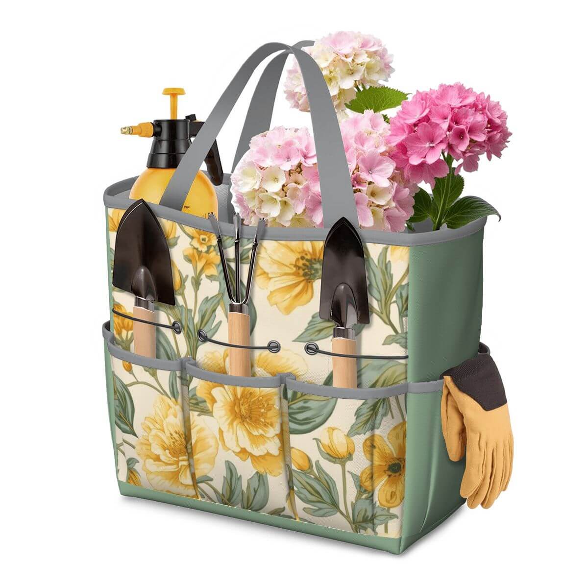 Gartengerätetasche mit Blumendruck, aus Oxford-Stoff, inklusive Gartengeräten, Blumen und Handschuhen in extra großen Taschen.