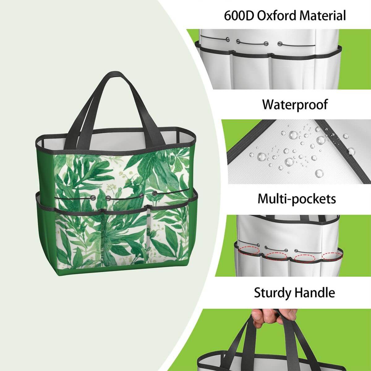 Gartengerätetasche aus Oxford-Stoff, wasserdicht, mit mehreren Taschen und stabilem Griff in grüner Blätteroptik.