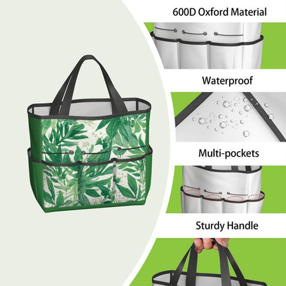 Gartengerätetasche aus Oxford-Stoff, wasserdicht, mit mehreren Taschen und stabilem Griff in grüner Blätteroptik.
