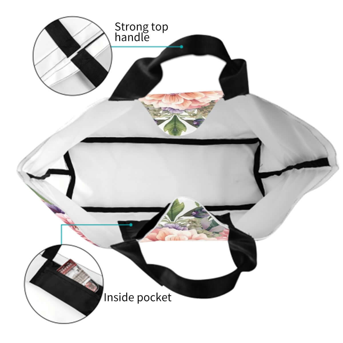 Große Schultertasche für Damen mit floralem Design, starker Tragegriff und Innentasche, 100 % Polyester, einseitiger Sublimationsdruck.