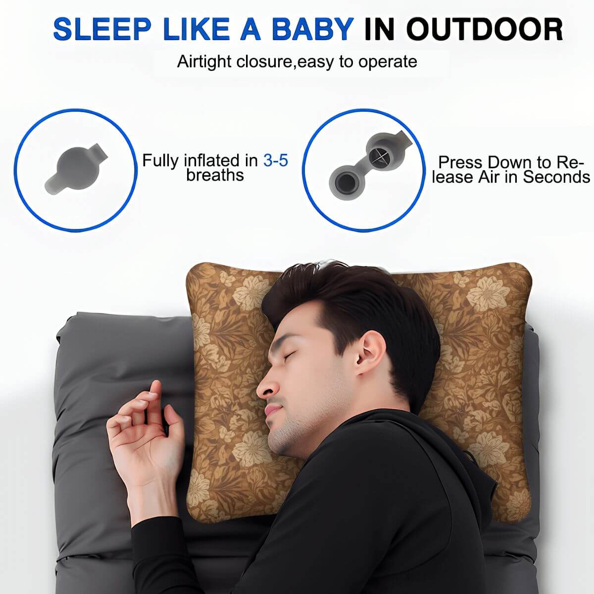 Video Aufblasbares Campingkissen im Einsatz, Mann schläft im Freien mit gemustertem Kissen, ideal für Camping, bequem und einfach aufblasbar.