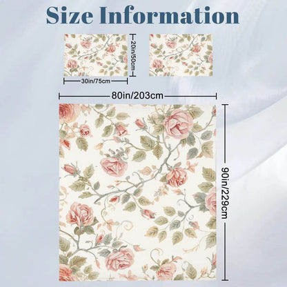 Größeninformation für komplettes Bettwäscheset mit Blumendesign, Bettbezug 80x90 Zoll, Kissenbezüge 30x20 Zoll, 90GSM Polyester