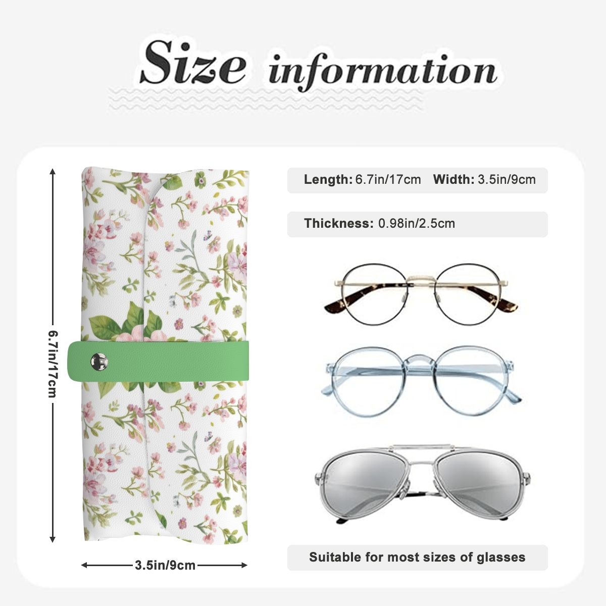 Floral Brillenetui aus PU-Leder with dimensions 6.7"x3.5", suitable for various glasses, featuring a microfiber lining.