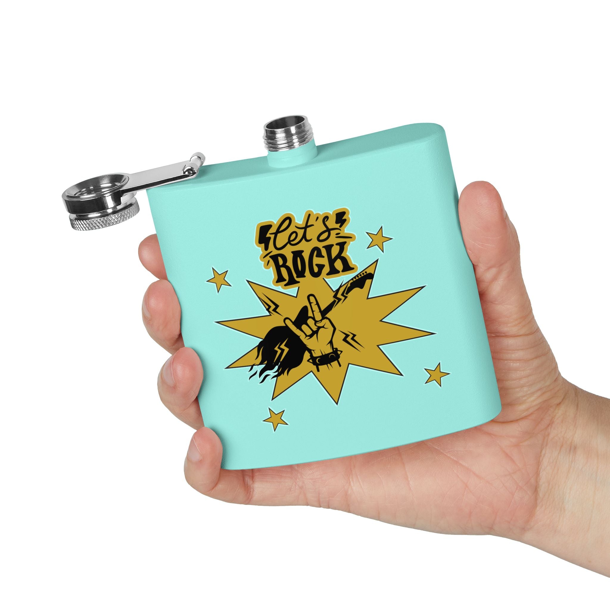 Edelstahl-Flachmann „Rock On“ – 170 ml „Let’s Rock“-Design für Musikliebhaber türkis in der Hand
