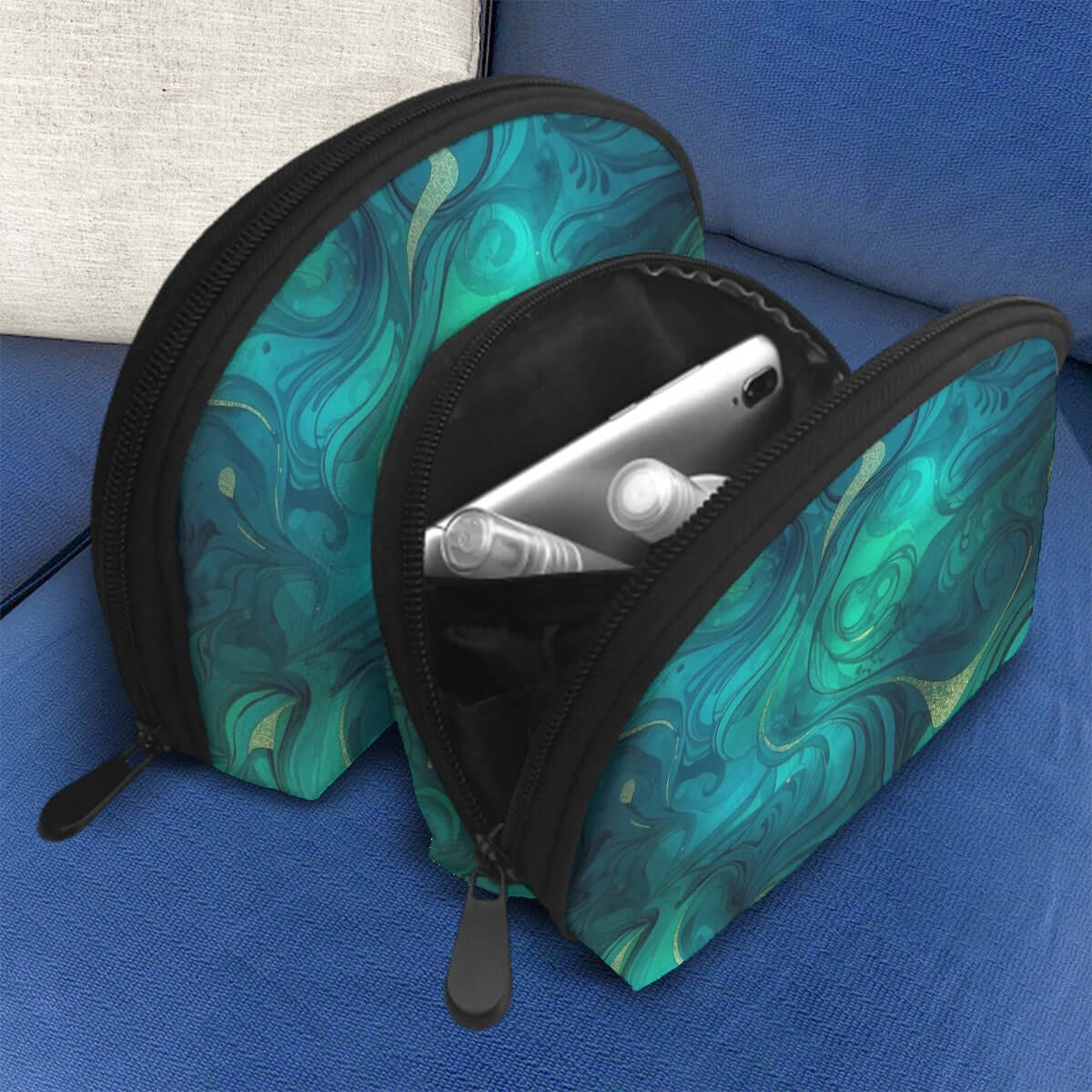 Storage Bags Set of 2 in blue-green design, showcasing polyester material with zipper closure, large and small sizes for various needs.