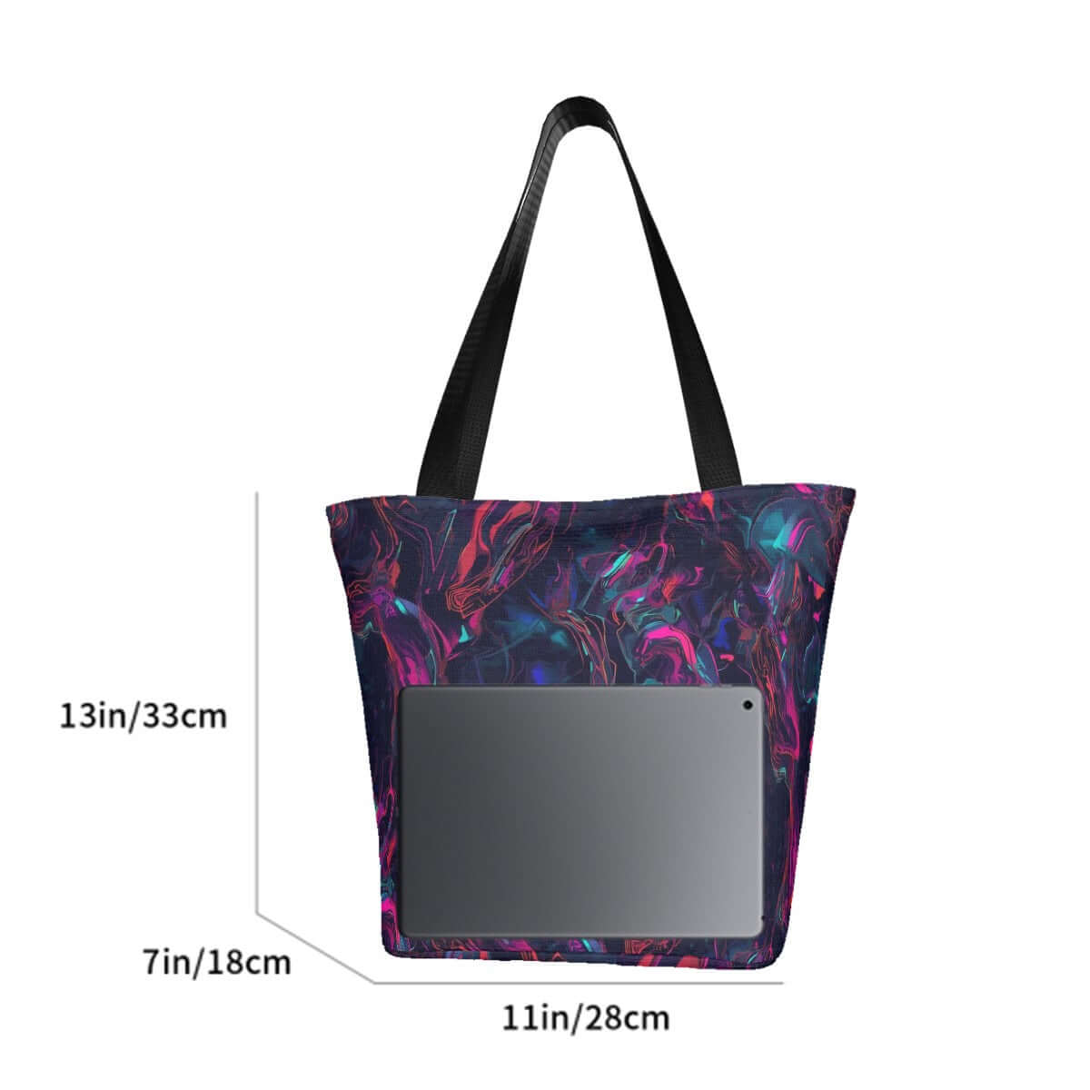 Schultertasche zum Einkaufen für Damen aus Polyester, Größe 11"x7"x13", schwarz mit buntem Muster