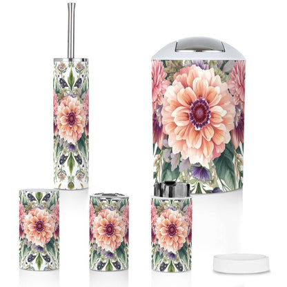 Badezimmer-Accessoires-Set, 5-teilig aus Plastik mit floralem Design, inklusive Zahnbürstenbecher und Halter, leicht und langlebig.