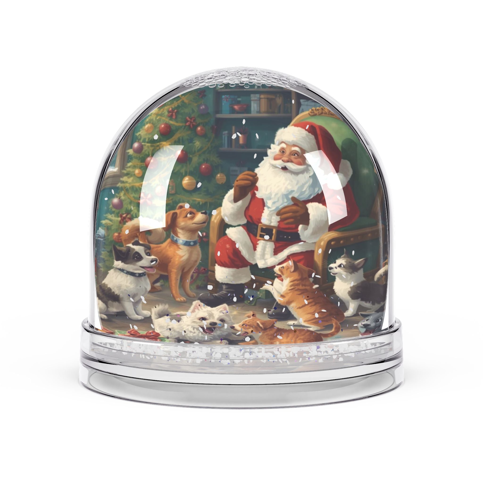 Weihnachts-Schneekugel mit Weihnachtsmann und Haustieren