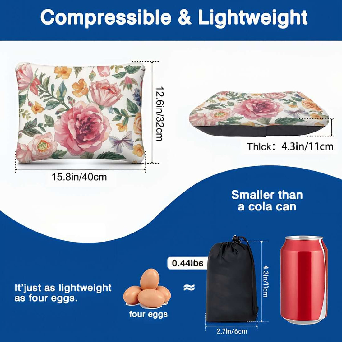 Aufblasbares Campingkissen mit Blumendesign, leicht und kompakt, Maße 15,8"x12,6"x4,3", kleiner als Cola-Dose, ideal für Reisen.