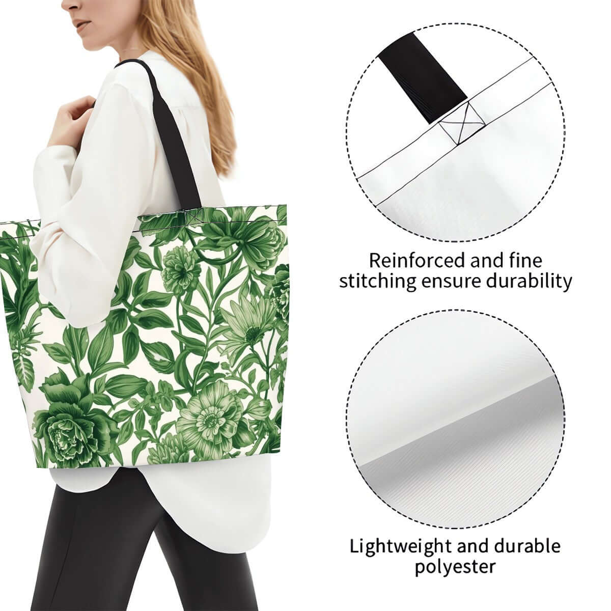 Große Schultertasche für Damen aus langlebigem Polyester mit floralen Design und sublimiertem Druck, leicht und wasserabweisend.