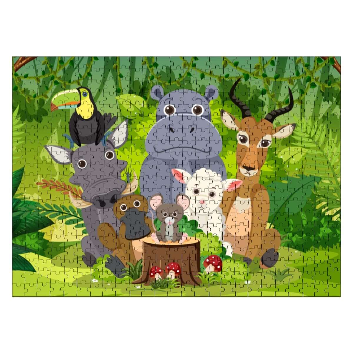 500-teiliges Holzpuzzle (horizontal) mit bunten Tieren im Wald, ideal für Jung und Alt.