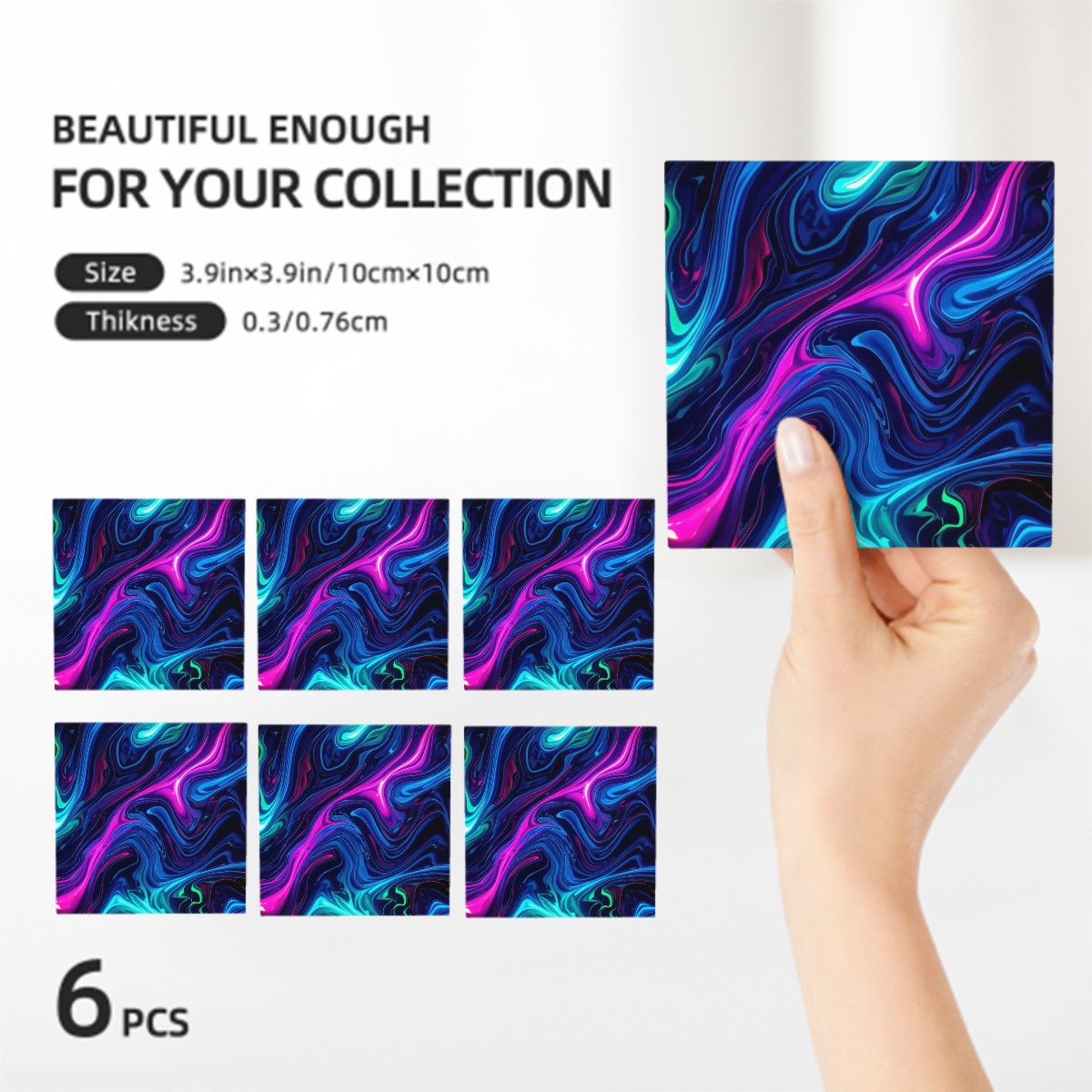 Bunte quadratische Keramikuntersetzer, 6 Stück, einseitiges Design, handgehalten, perfekt für moderne Einrichtungsstile.