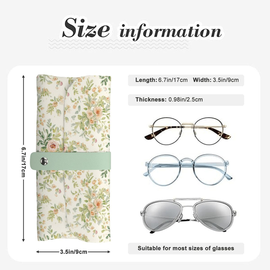 Brillenetui aus PU-Leder mit Blütenmuster, passend für die meisten Brillengrößen, mit Abmessungen in Zoll und Zentimeter.