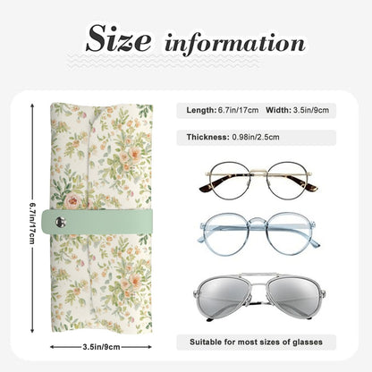 Brillenetui aus PU-Leder mit Blütenmuster, passend für die meisten Brillengrößen, mit Abmessungen in Zoll und Zentimeter.