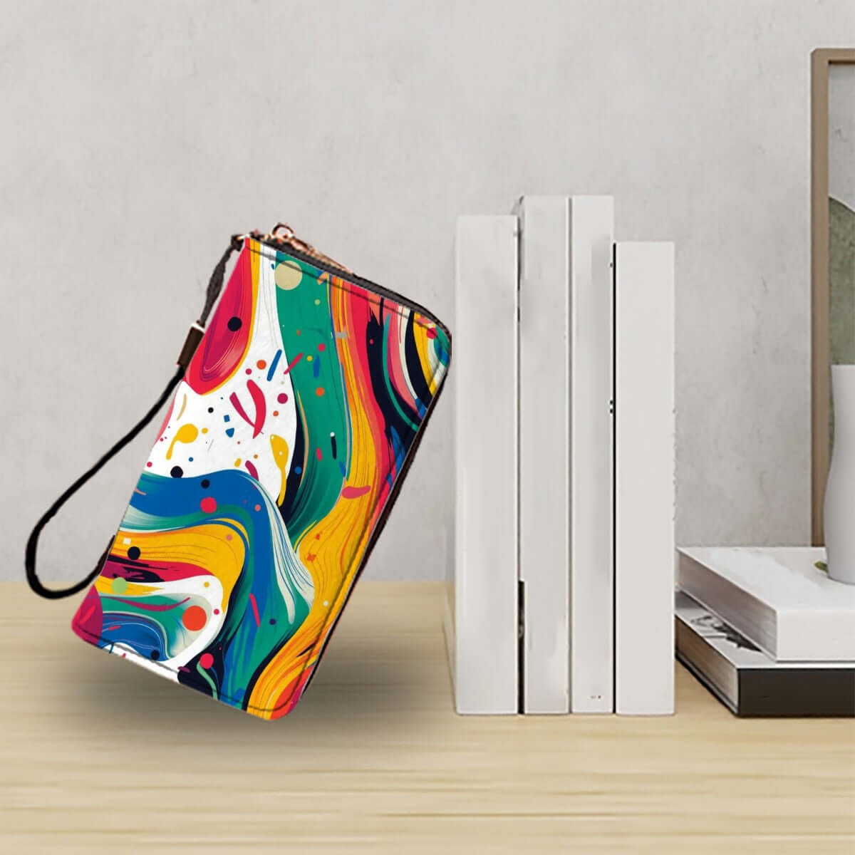 Clutch-Geldbörse für Damen aus PU mit UV-Druck und buntem Design. Inklusive Aufbewahrungsbeutel-Set (2 Stück).