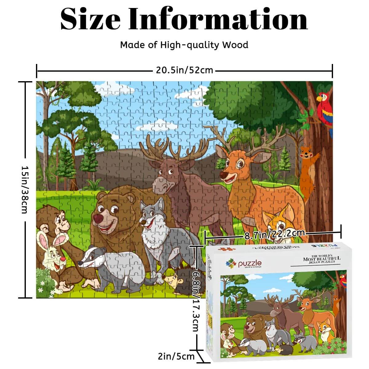 500-teiliges Holzpuzzle (horizontal) mit Tiermotiven, Größe: 52 x 38 cm, aus hochwertigem Lindenholz.