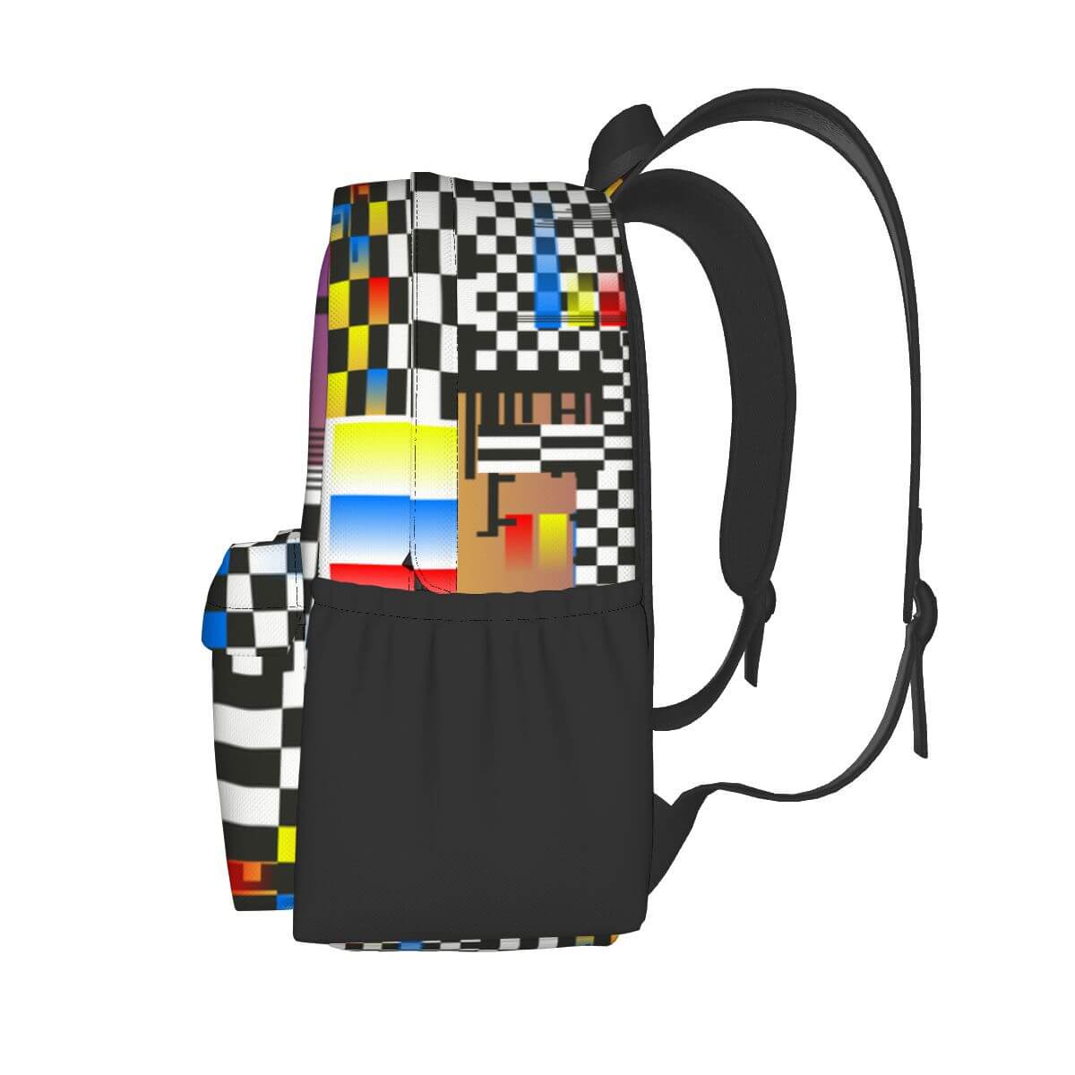 Geräumiger Oxford-Rucksack mit Seitentaschen aus hochwertigem Polyester, einseitiger Druck, sublimierte Farben, Checkered Muster