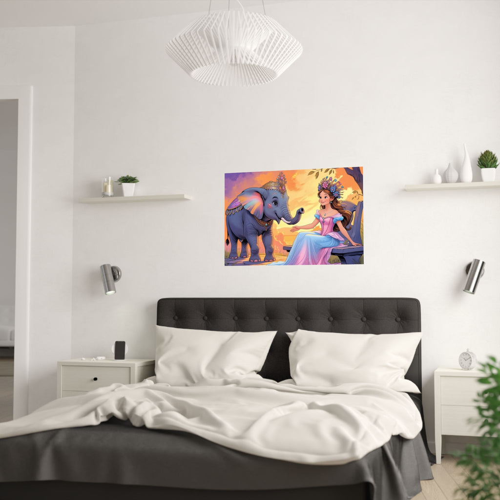 Skurriler Wandkunstdruck, Satinposter für das Kinderzimmer mit einer Prinzessin und ein Elefant