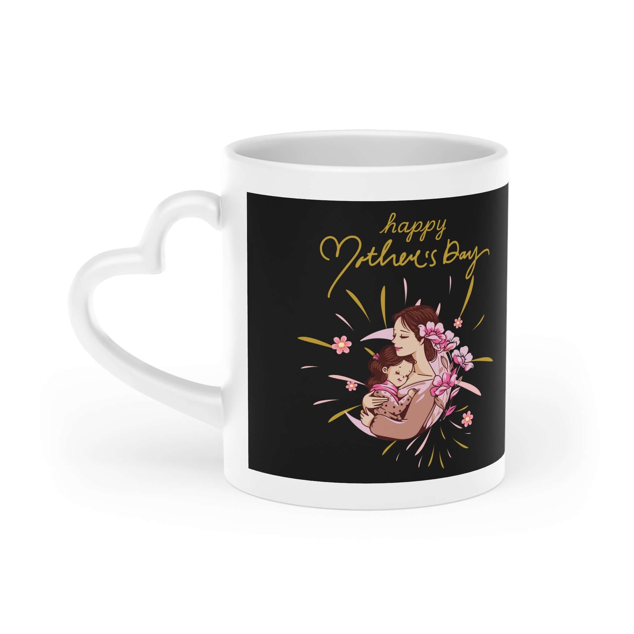 Herzförmige Henkeltasse mit ein Liebesmotiv, 325-ml-Keramiktasse mit Herzgriff und Muttertagsmotiv auf schwarzem Hintergrund.