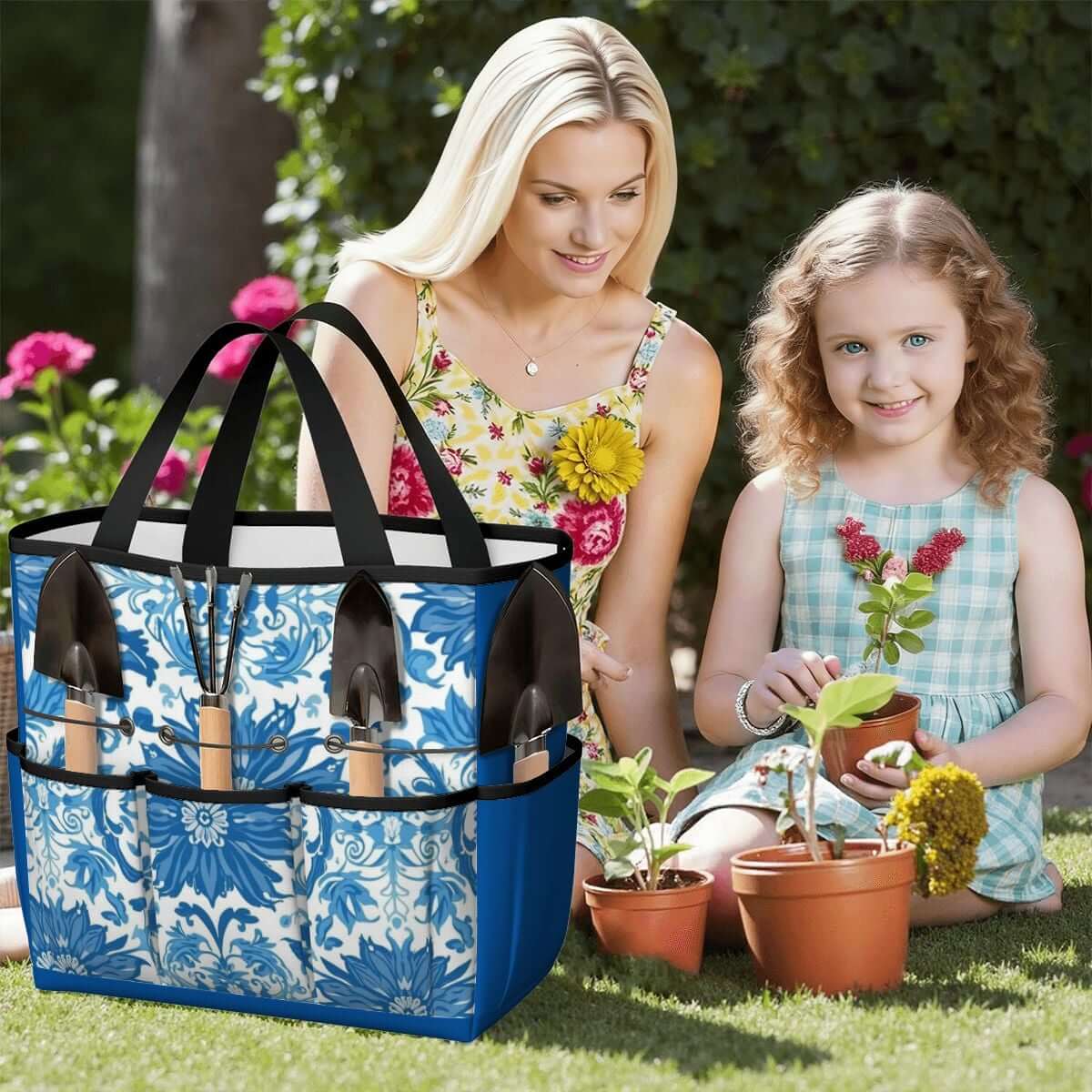 Gartengerätetasche aus Oxford-Stoff mit Blumendesign, ideal für gartenbegeisterte Familien, bietet große Kapazität und wasserdichte Haltbarkeit.