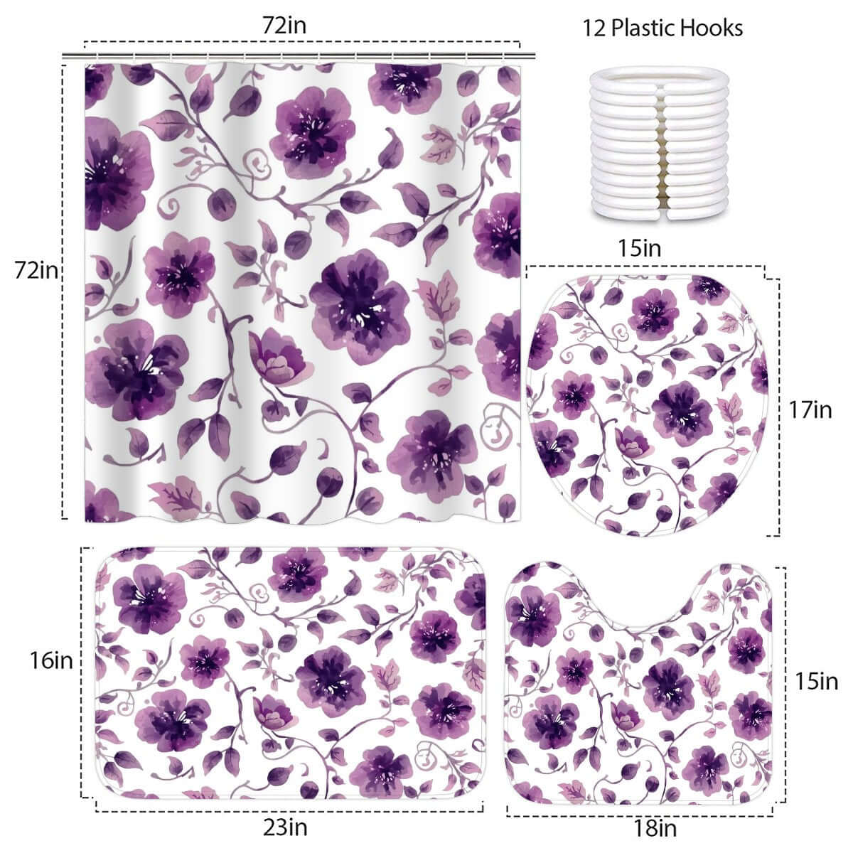Video Badezimmerteppich-Set mit Duschvorhang 4-teilig, violett floral, Polyester, mit Duschvorhang 72x72 Zoll und Teppichen in diversen Größen.