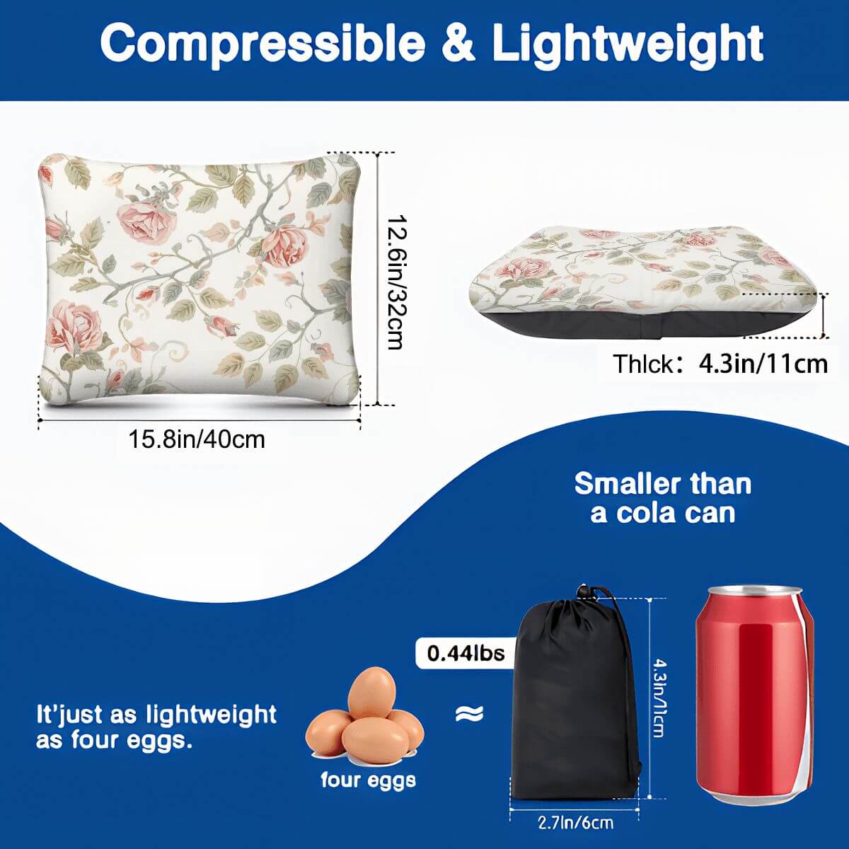 Aufblasbares Campingkissen in Blumenmuster, kompakt und leicht, Produktgröße 15,8x12,6x4,3 Zoll, ideal für Outdoor-Aktivitäten.