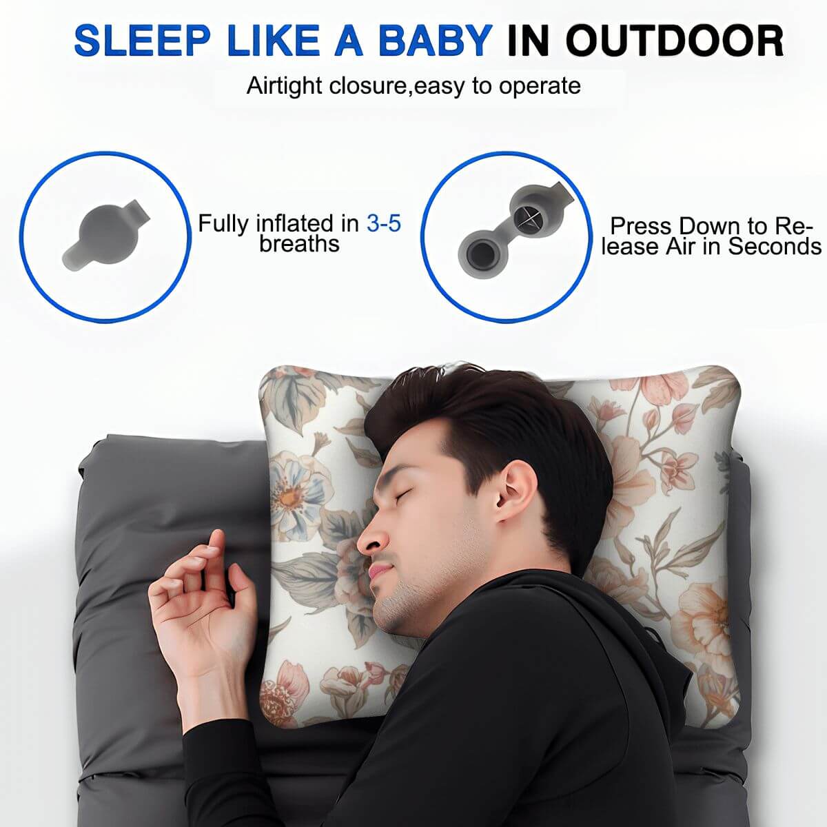 Person schläft auf einem aufblasbares Campingkissen im Freien mit floralem Design, bequem auf einer Luftmatratze liegend.