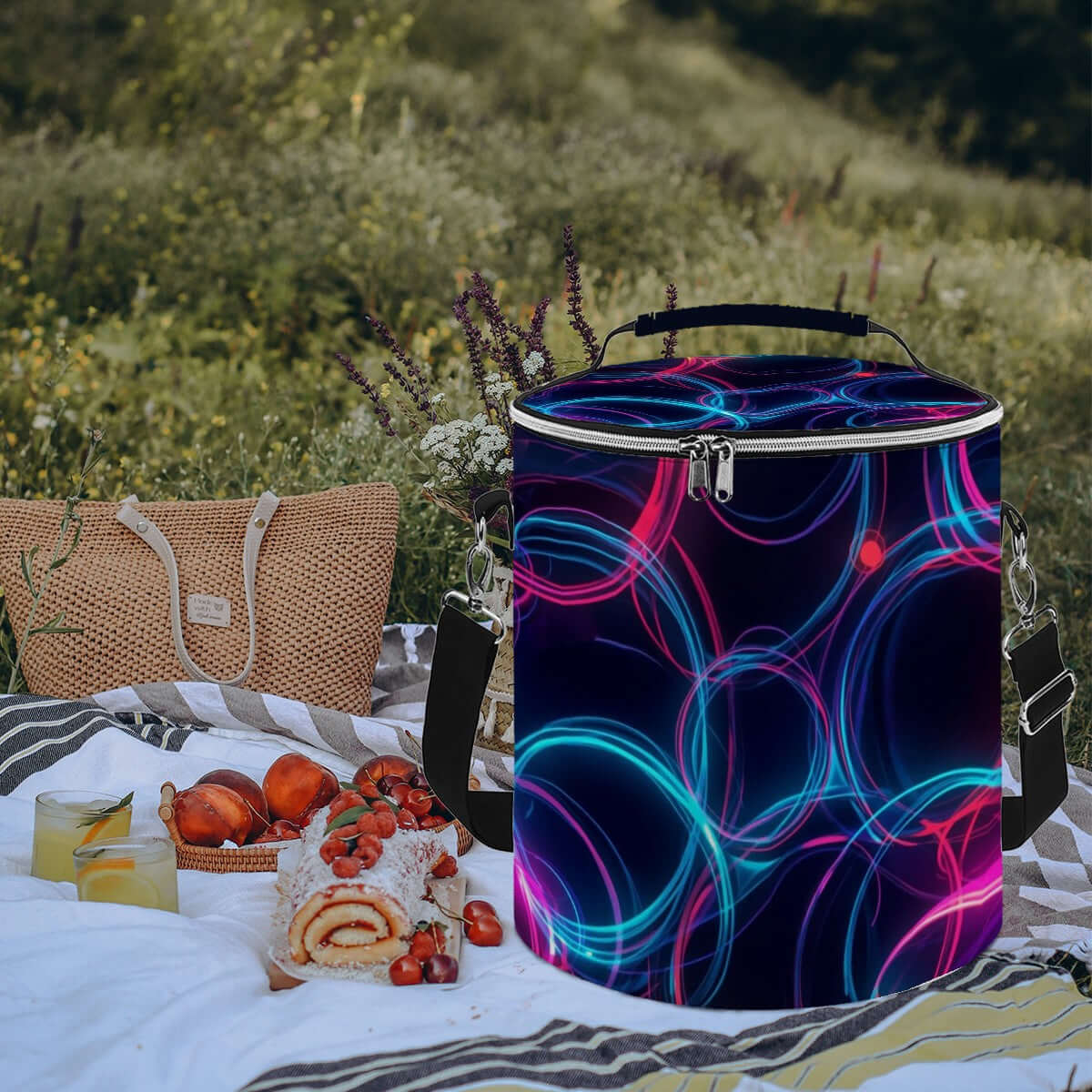 Camping‑Kühltasche - Tragbar, isoliert, wasserdicht auf einer Picknick-Decke im Grünen, mit buntem Kreisdesign und Sublimationsdruck.