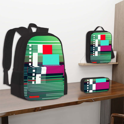 3er-Set Taschen (Oxford-Rucksack, Lunchtasche &amp; Federmäppchen) aus robustem Oxford-Stoff mit buntem Design auf einem Tisch.