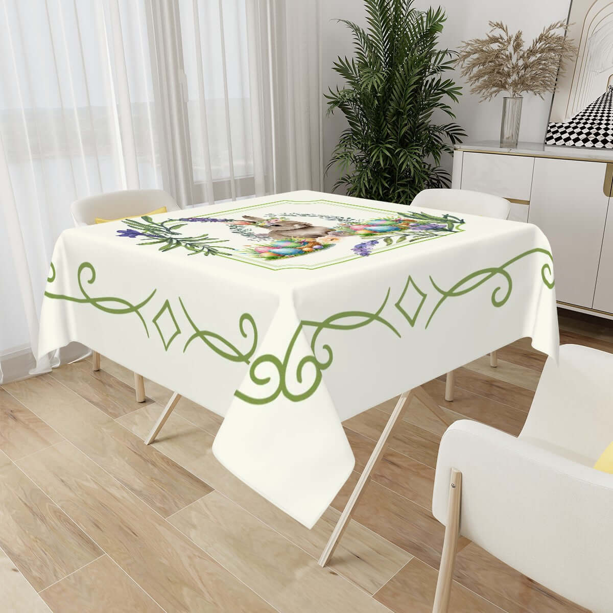 Quadratische Tischdecke Ostermotiv aus Polyester, 54"x54", Sublimationsdruck, wasserabweisend und wiederverwendbar, Tischdekoration.