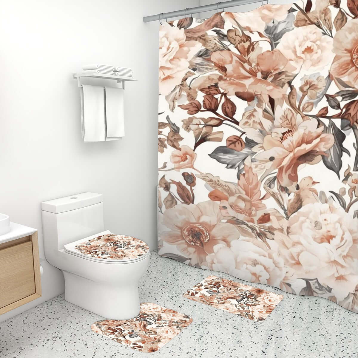 Video Badezimmerteppich-Set mit Duschvorhang, 4-teilig, blumiges Design, Polyester, Badezimmerdekoration