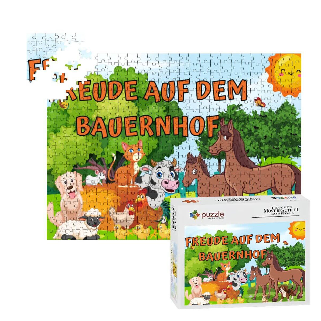 500-teiliges Holzpuzzle (horizontal) mit buntem Bauernhof-Motiv und Tieren