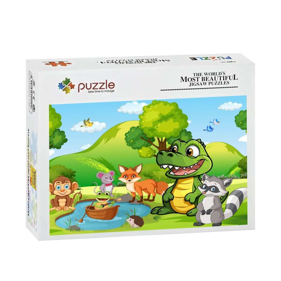 500-teiliges Holzpuzzle (horizontal) mit buntem Tierdesign in einer Naturumgebung, 52 x 38 cm, UV-Druck auf Lindenholz.