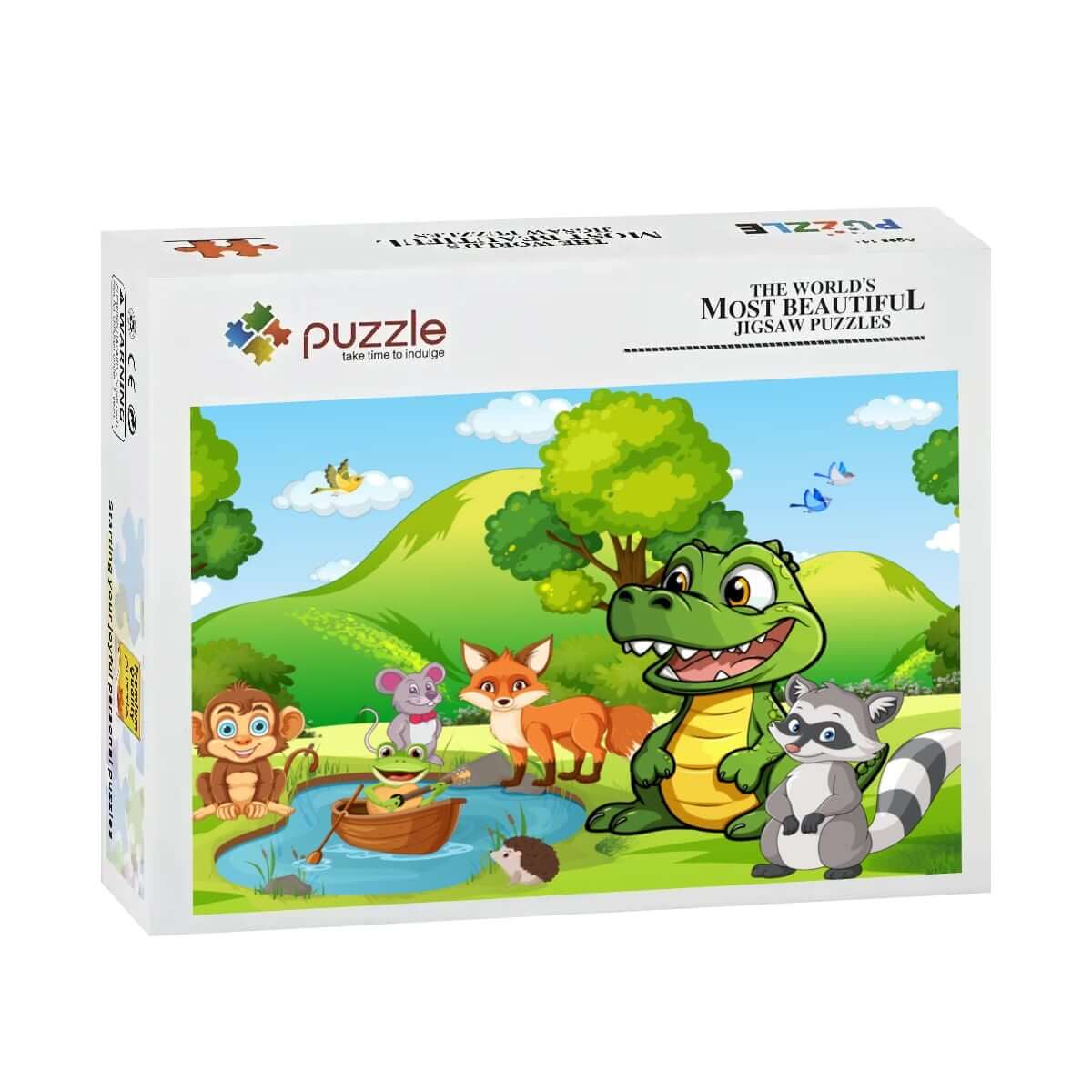 500-teiliges Holzpuzzle (horizontal) mit buntem Tierdesign in einer Naturumgebung, 52 x 38 cm, UV-Druck auf Lindenholz.