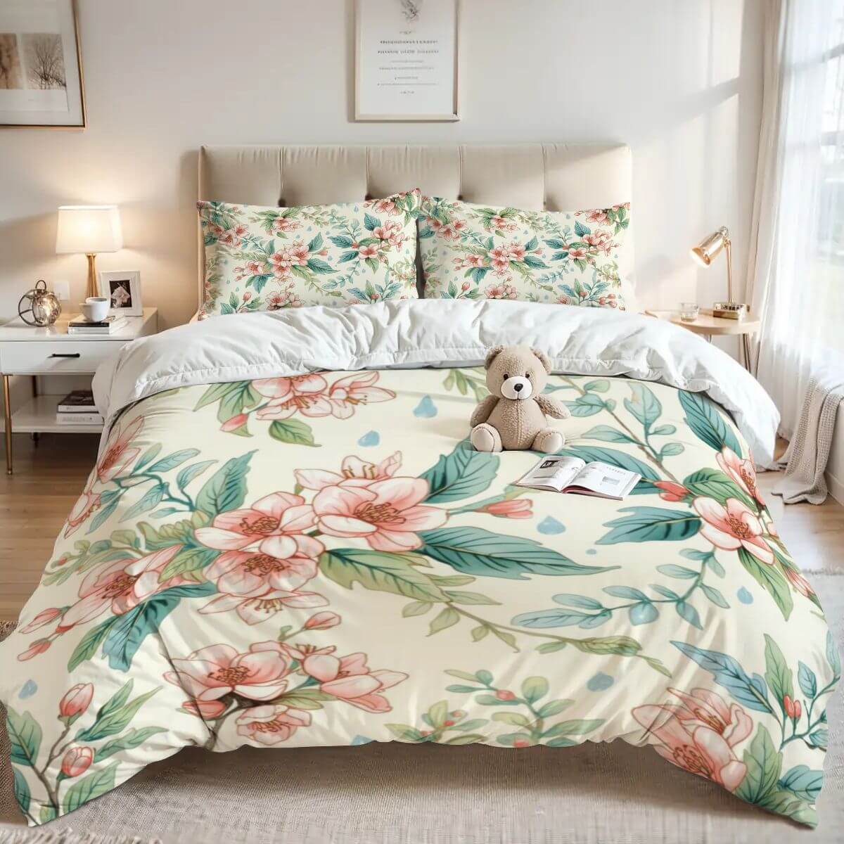 Queen-Bettwäsche-Set- Weich &amp; Atmungsaktiv mit floralem Druck, Polyesterstoff, Bettbezug 90x90, Kissenbezüge 30x20, Schlafzimmeransicht