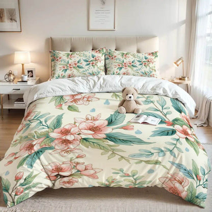 Queen-Bettwäsche-Set- Weich &amp; Atmungsaktiv mit floralem Druck, Polyesterstoff, Bettbezug 90x90, Kissenbezüge 30x20, Schlafzimmeransicht