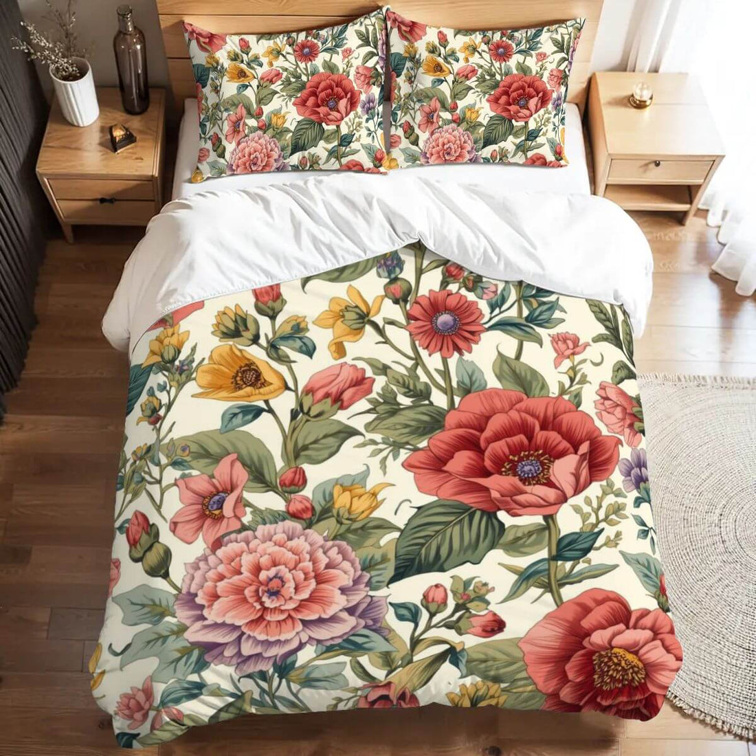 Komplettes Bettwäscheset aus 90GSM Polyester mit floralem Design, Bettbezug 80"x90", Kissenbezüge 30"x20", sublimationsbedruckt, langlebig.
