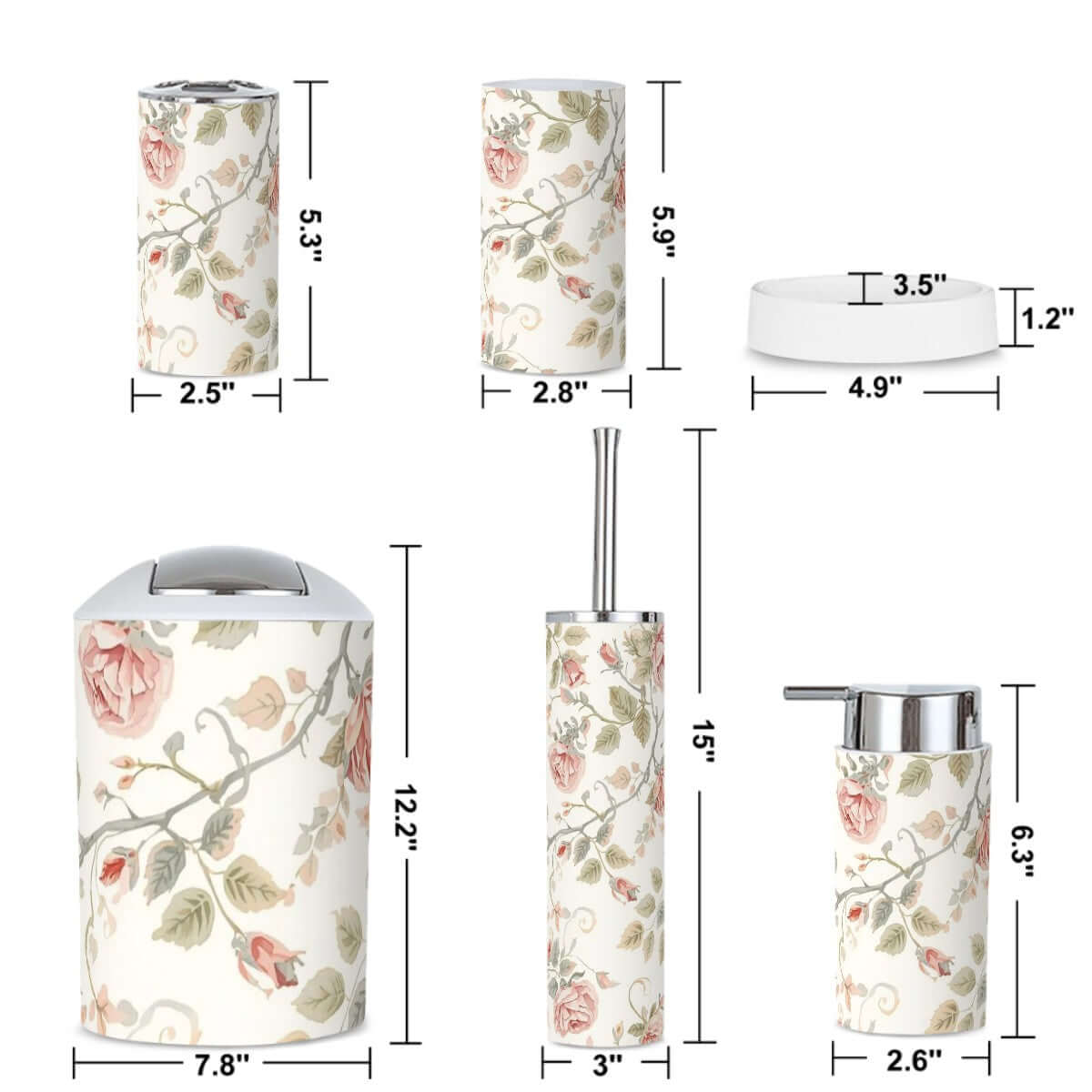 Badezimmer-Accessoires-Set, 5-teilig mit floralem Design, bestehend aus Zahnbürstenhalter, Zahnbürstenbecher, und weiteren Details für Badezimmer-Accessoires-Set, 5-teilig ansehen