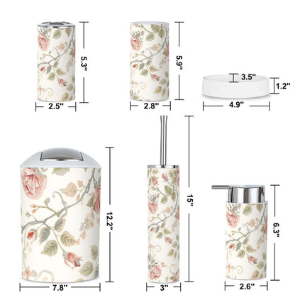 Badezimmer-Accessoires-Set, 5-teilig mit floralem Design, bestehend aus Zahnbürstenhalter, Zahnbürstenbecher, und weiteren Details für Badezimmer-Accessoires-Set, 5-teilig ansehen
