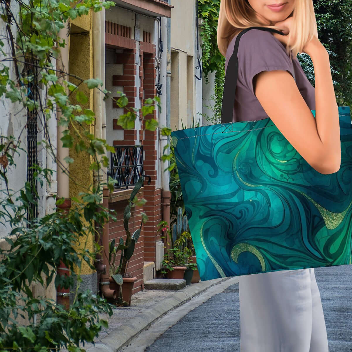 Frau trägt große Schultertasche für Damen aus Polyester, 19,7"x15,7"x5,9", grün-blaues Design, für stilvolle Auftritte unterwegs.