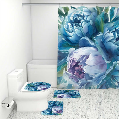 Badezimmerteppich-Set mit Duschvorhang, 4-teilig in Blau- und Lila-Tönen. Wasserfester Polyester, Sublimationsdruck, langlebig.