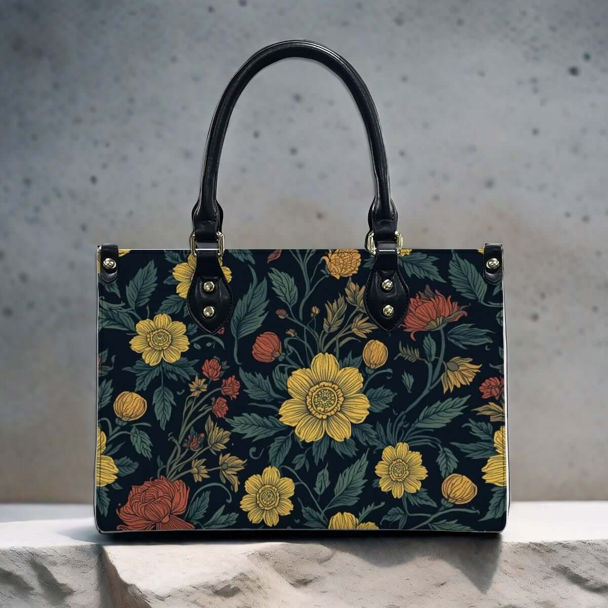 PU Tote Bag for Women with floral pattern, featuring high-quality PU material and UV printing on black handles. Details für PU-Tragetasche für Damen ansehen.