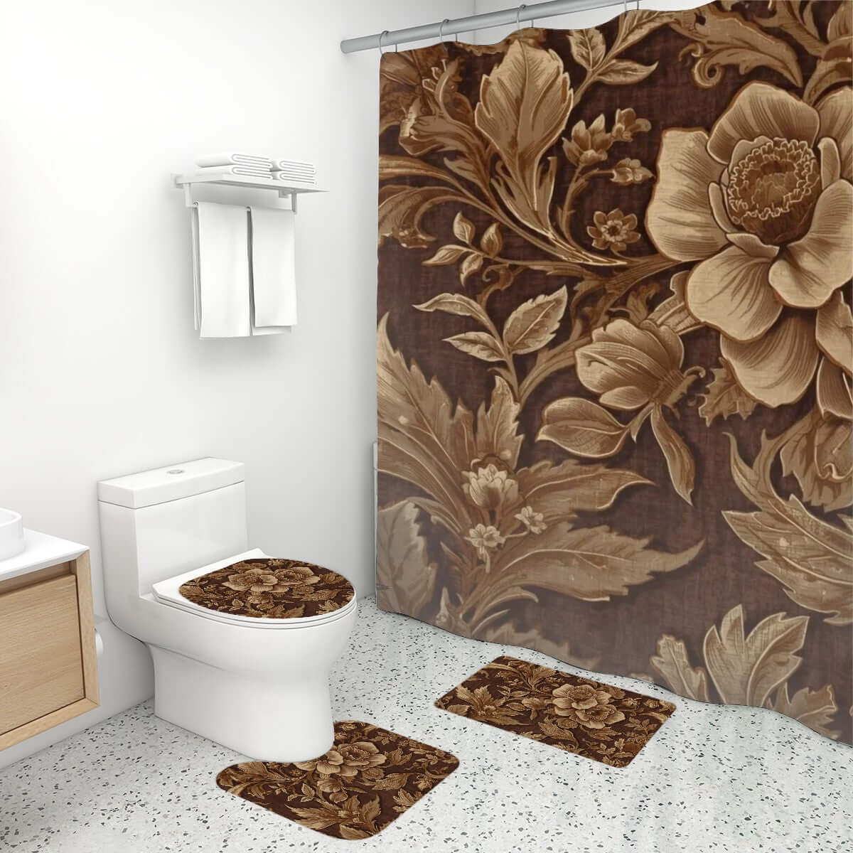 Video Badezimmerteppich-Set mit Duschvorhang in floralem Design, 4-teilig, Polyester, für stilvolles Badezimmer.